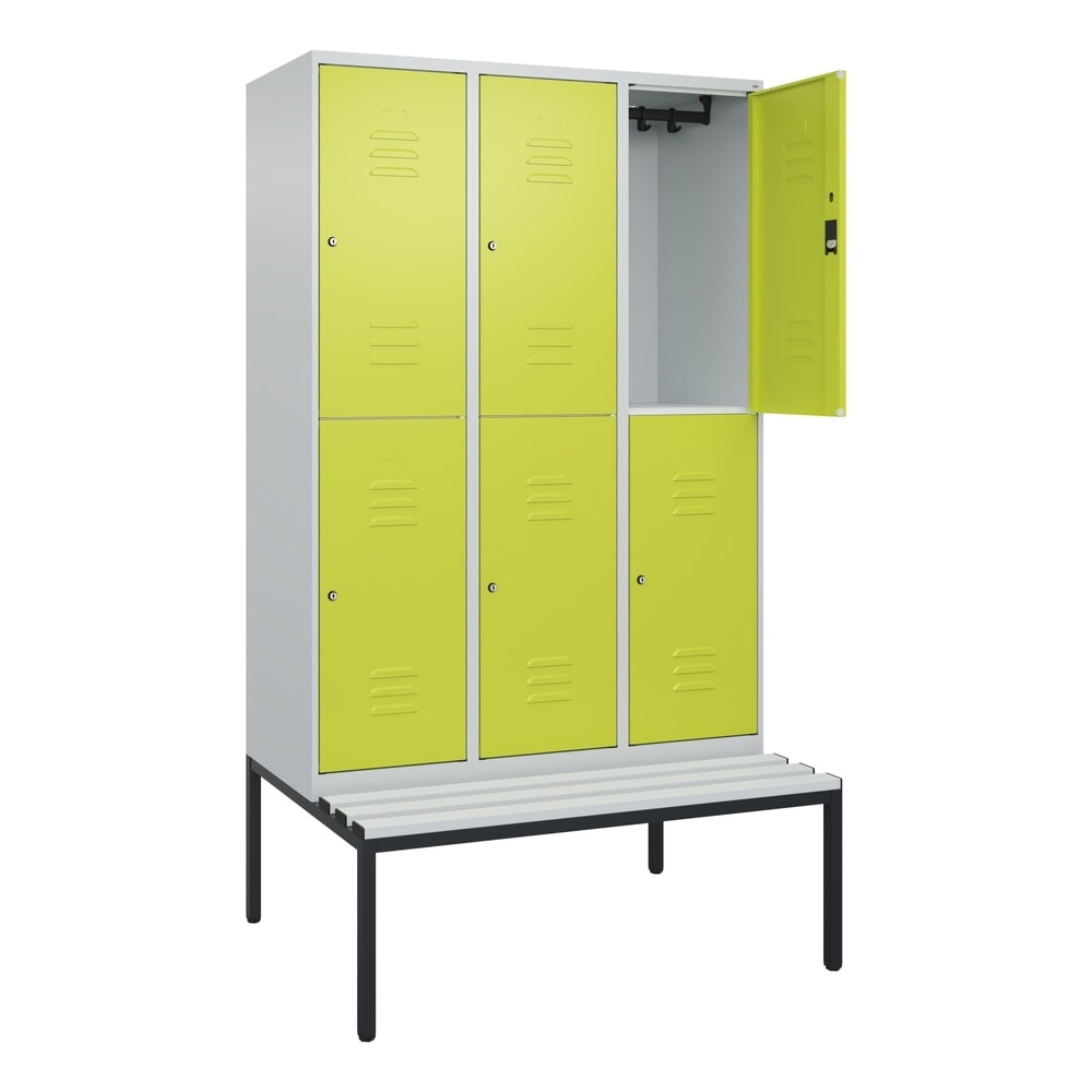 C+P Doppelstock-Spind Classic PLUS, 3 Abteile, HxBxT 2.120 x 1.200 x 815 mm, Zylinderschloss, untergebaute Bank aus Kunststoff, lichtgrau, clowngrün