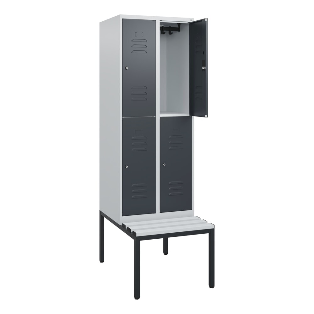C+P Doppelstock-Spind Classic PLUS, 2 Abteile, HxBxT 1.950 x 600 x 815 mm, Zylinderschloss, untergebaute Bank aus Kunststoff, lichtgrau, anthrazitgrau