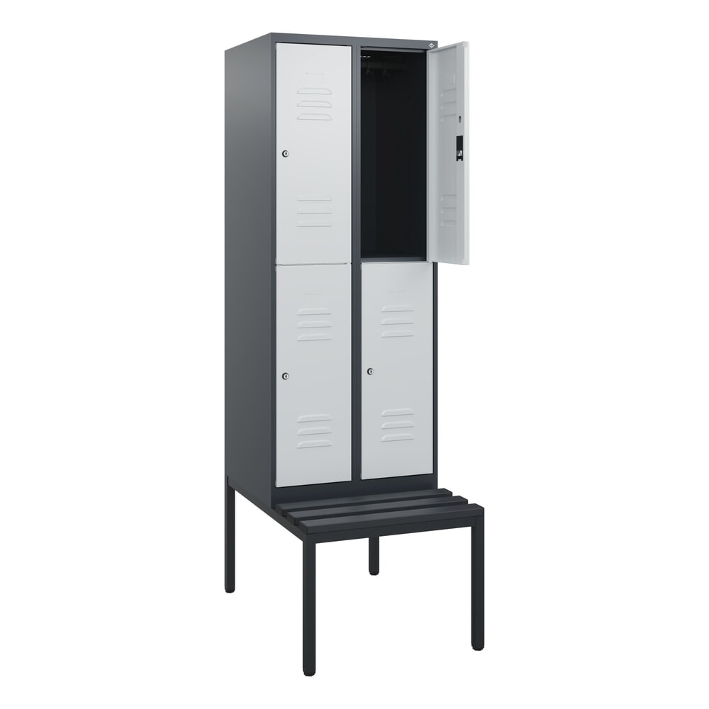 C+P Doppelstock-Spind Classic PLUS, 2 Abteile, HxBxT 1.950 x 600 x 815 mm, Zylinderschloss, untergebaute Bank aus Kunststoff, anthrazitgrau, lichtgrau