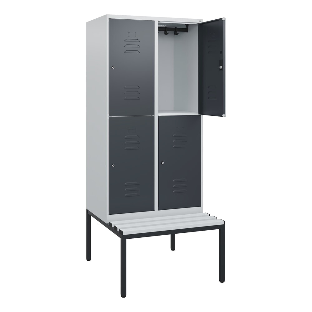 C+P Doppelstock-Spind Classic PLUS, 2 Abteile, HxBxT 1.950 x 800 x 815 mm, Zylinderschloss, untergebaute Bank aus Kunststoff, lichtgrau, anthrazitgrau