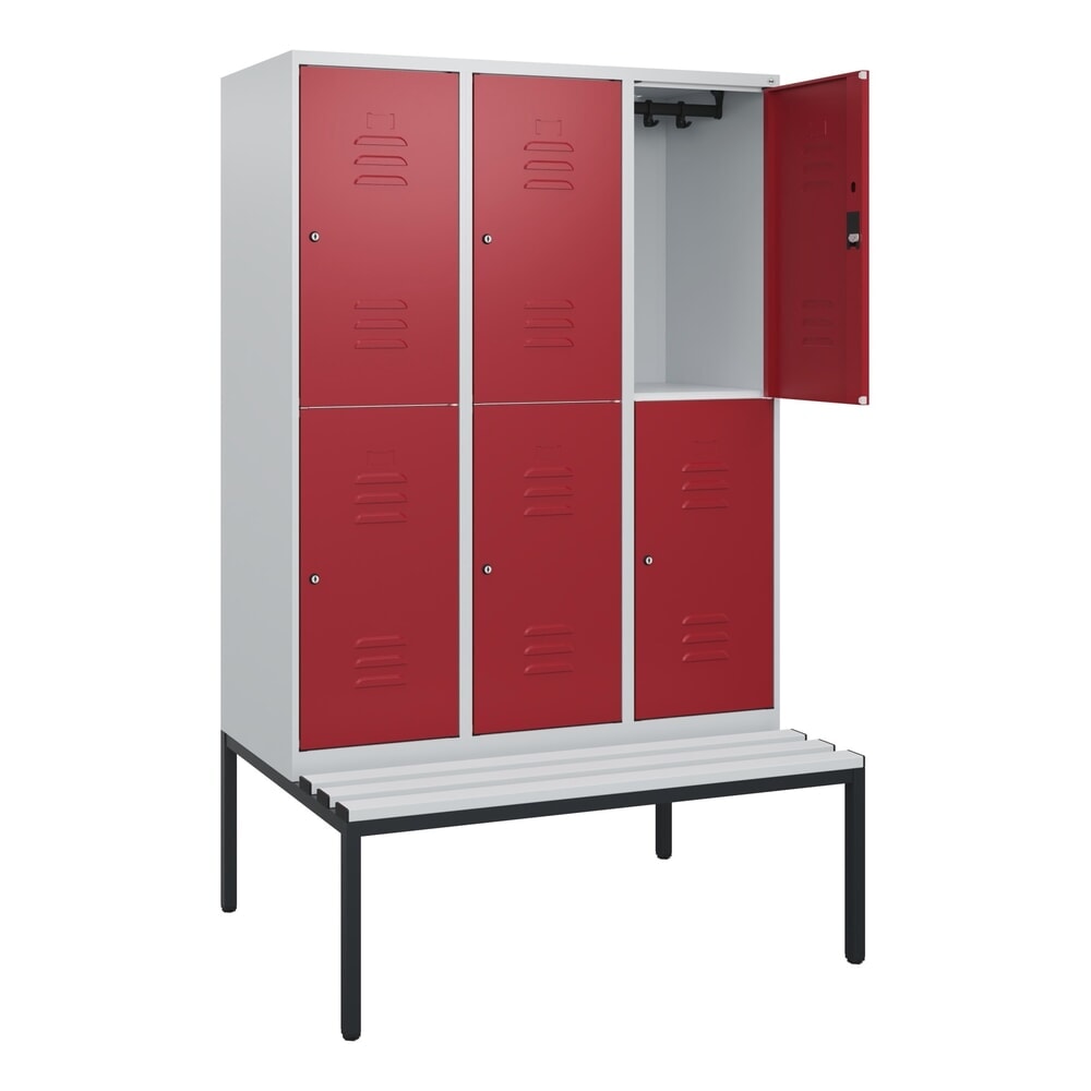 C+P Doppelstock-Spind Classic PLUS, 3 Abteile, HxBxT 1.950 x 1.200 x 815 mm, Zylinderschloss, untergebaute Bank aus Kunststoff, lichtgrau, rubinrot