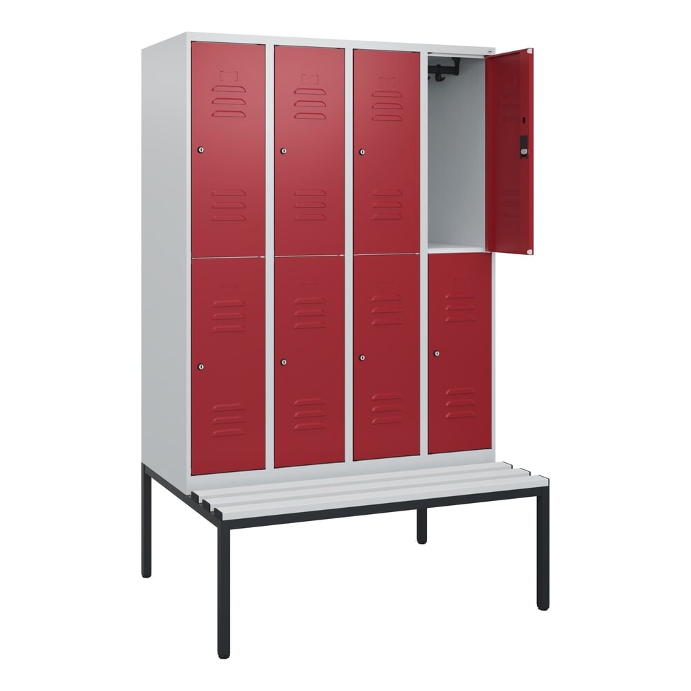 C+P Doppelstock-Spind Classic PLUS, 4 Abteile, HxBxT 1.950 x 1.200 x 815 mm, Zylinderschloss, untergebaute Bank aus Kunststoff, lichtgrau, rubinrot