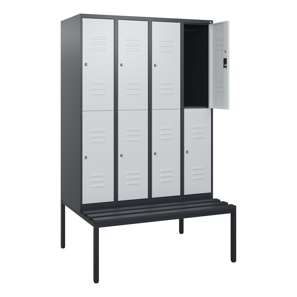 C+P Doppelstock-Spind Classic PLUS, 4 Abteile, HxBxT 1.950 x 1.200 x 815 mm, Zylinderschloss, untergebaute Bank aus Kunststoff, anthrazitgrau, lichtgrau