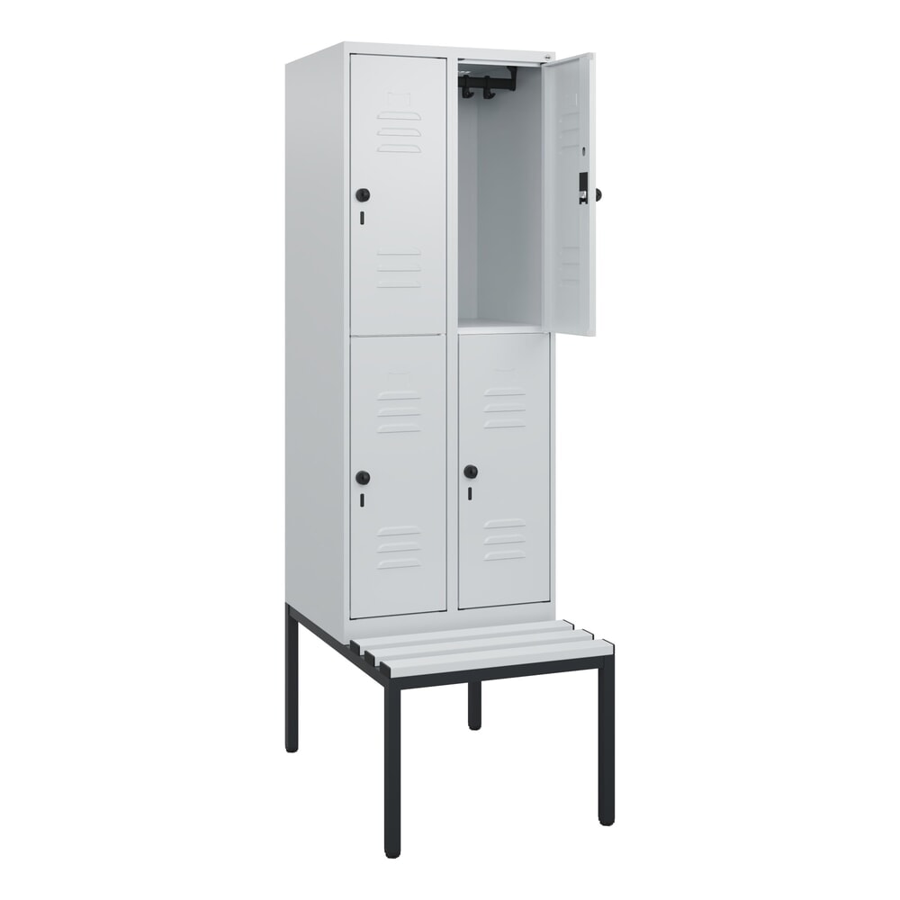 C+P Doppelstock-Spind Classic PLUS, 2 Abteile, HxBxT 1.950 x 600 x 815 mm, für Vorhängeschloss, untergebaute Bank aus Kunststoff, lichtgrau, lichtgrau