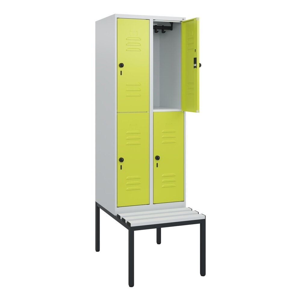 C+P Doppelstock-Spind Classic PLUS, 2 Abteile, HxBxT 1.950 x 600 x 815 mm, für Vorhängeschloss, untergebaute Bank aus Kunststoff, lichtgrau, clowngrün