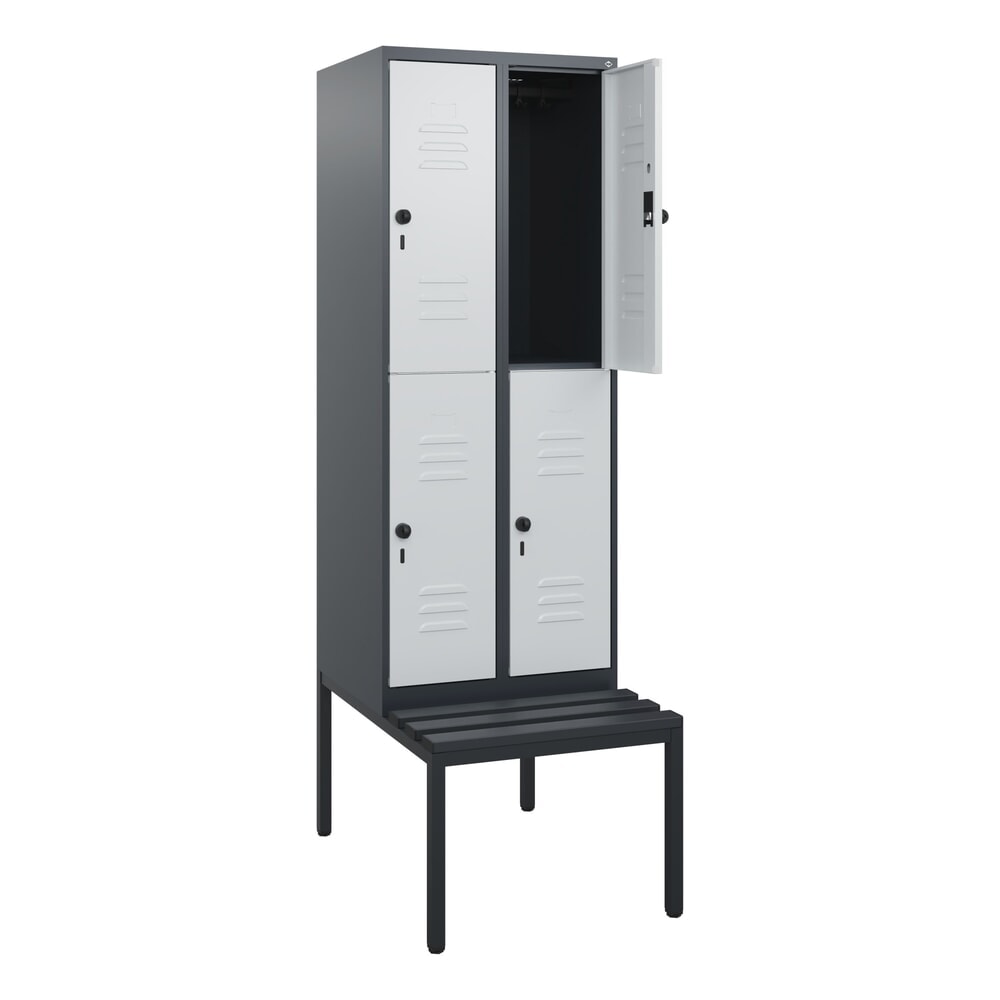 C+P Doppelstock-Spind Classic PLUS, 2 Abteile, HxBxT 1.950 x 600 x 815 mm, für Vorhängeschloss, untergebaute Bank aus Kunststoff, anthrazitgrau, lichtgrau