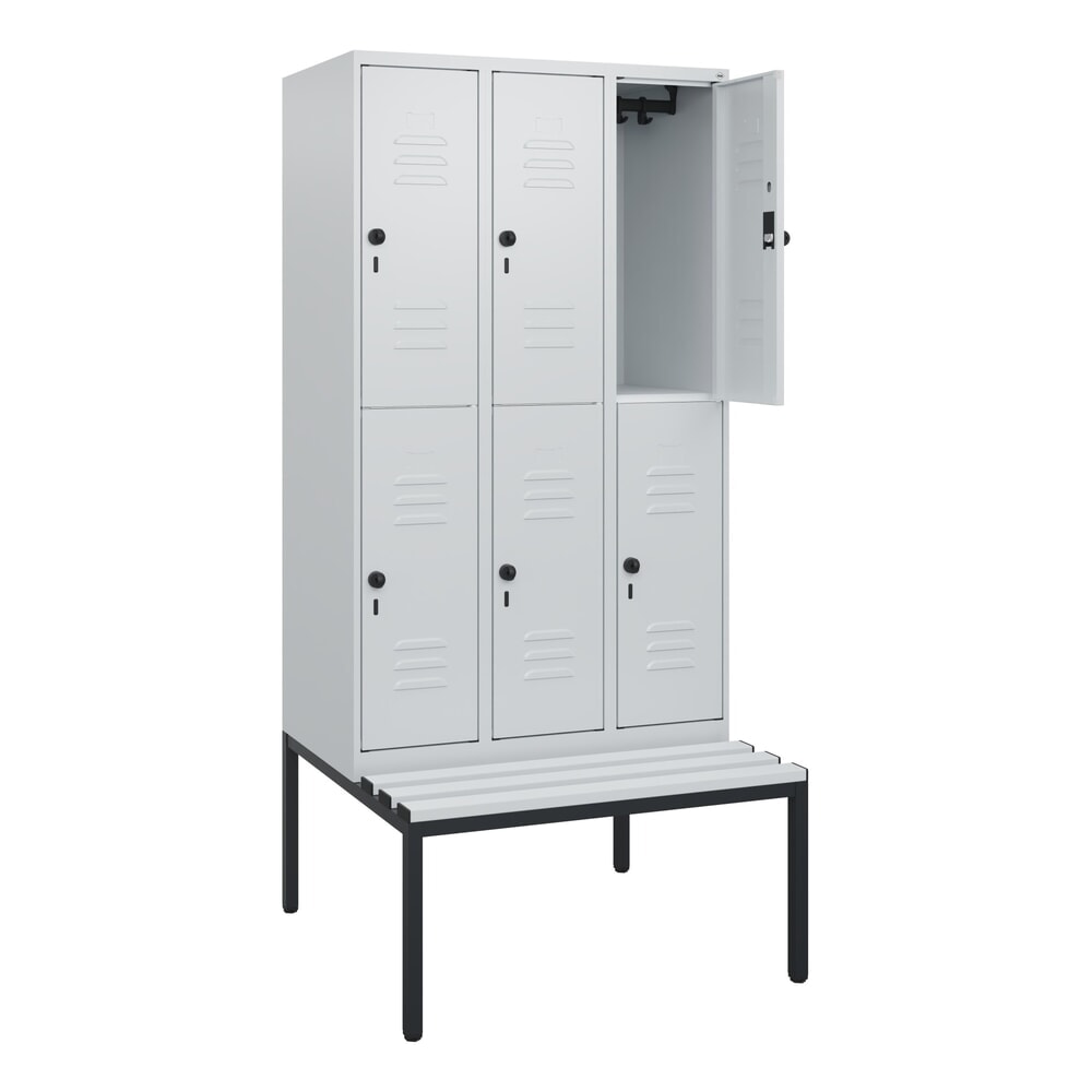 C+P Doppelstock-Spind Classic PLUS, 3 Abteile, HxBxT 1.950 x 900 x 815 mm, für Vorhängeschloss, untergebaute Bank aus Kunststoff, lichtgrau, lichtgrau