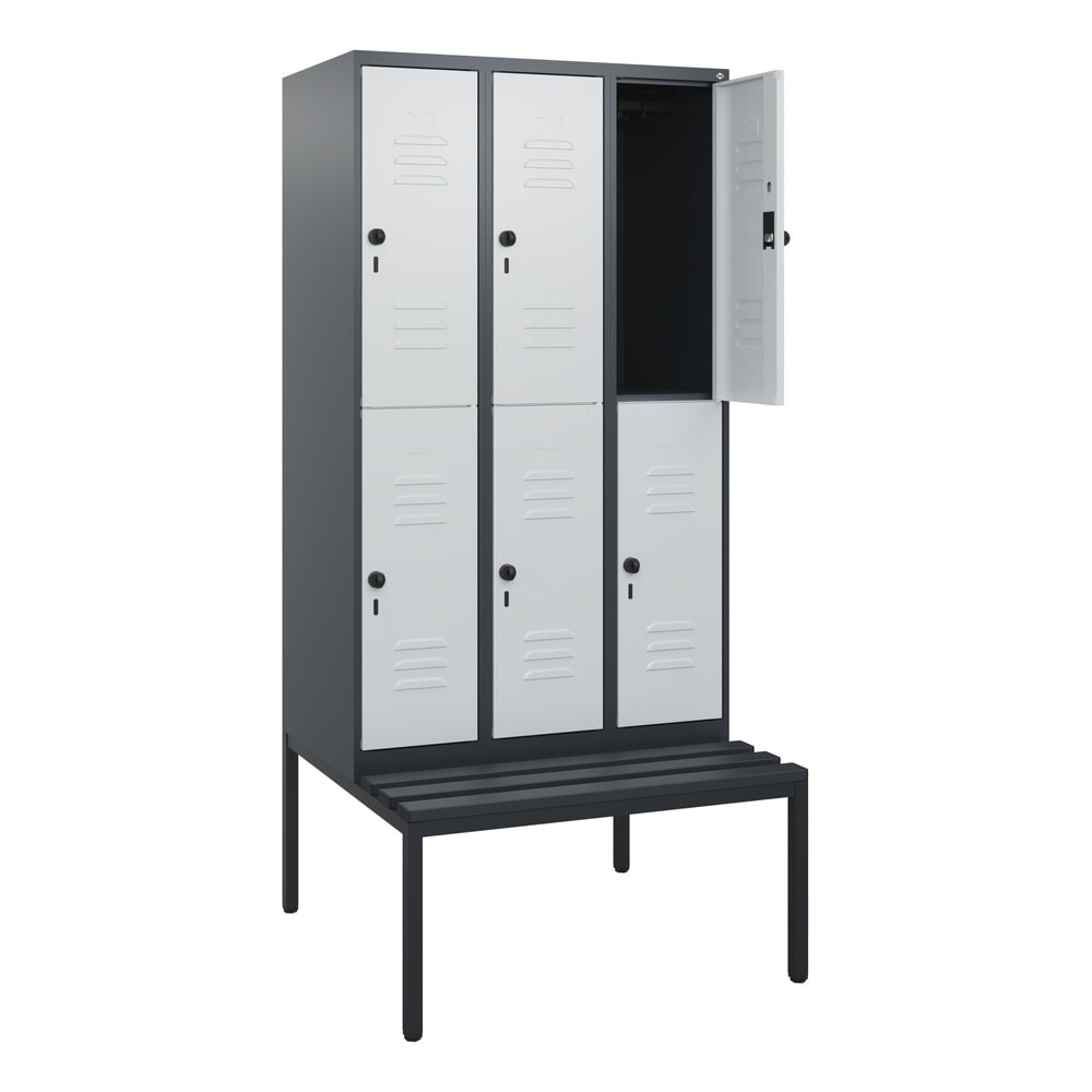 C+P Doppelstock-Spind Classic PLUS, 3 Abteile, HxBxT 1.950 x 900 x 815 mm, für Vorhängeschloss, untergebaute Bank aus Kunststoff, anthrazitgrau, lichtgrau