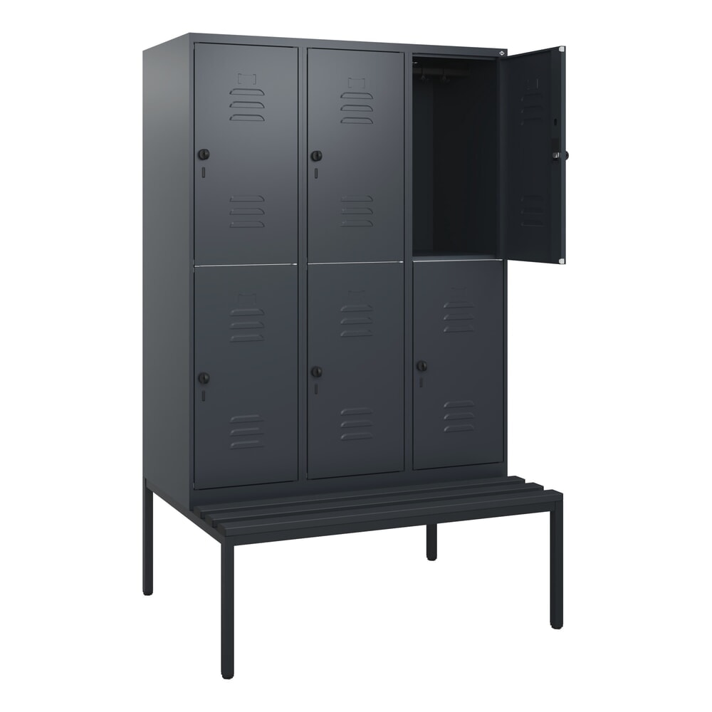 C+P Doppelstock-Spind Classic PLUS, 3 Abteile, HxBxT 1.950 x 1.200 x 815 mm, für Vorhängeschloss, untergebaute Bank aus Kunststoff, anthrazitgrau, anthrazitgrau