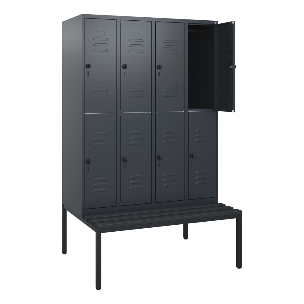 C+P Doppelstock-Spind Classic PLUS, 4 Abteile, HxBxT 1.950 x 1.200 x 815 mm, für Vorhängeschloss, untergebaute Bank aus Kunststoff, anthrazitgrau, anthrazitgrau