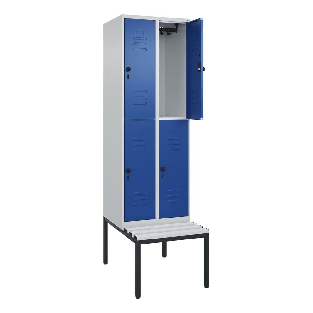 C+P Doppelstock-Spind Classic PLUS, 2 Abteile, HxBxT 2.120 x 600 x 815 mm, für Vorhängeschloss, untergebaute Bank aus Kunststoff, lichtgrau, enzianblau