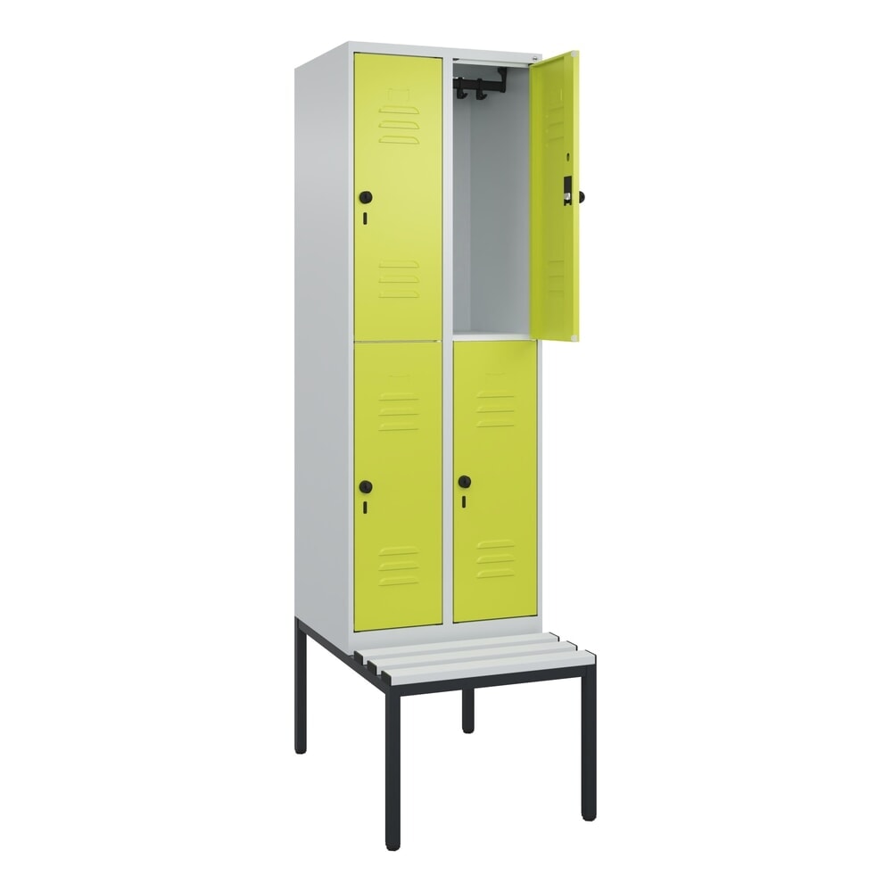 C+P Doppelstock-Spind Classic PLUS, 2 Abteile, HxBxT 2.120 x 600 x 815 mm, für Vorhängeschloss, untergebaute Bank aus Kunststoff, lichtgrau, clowngrün
