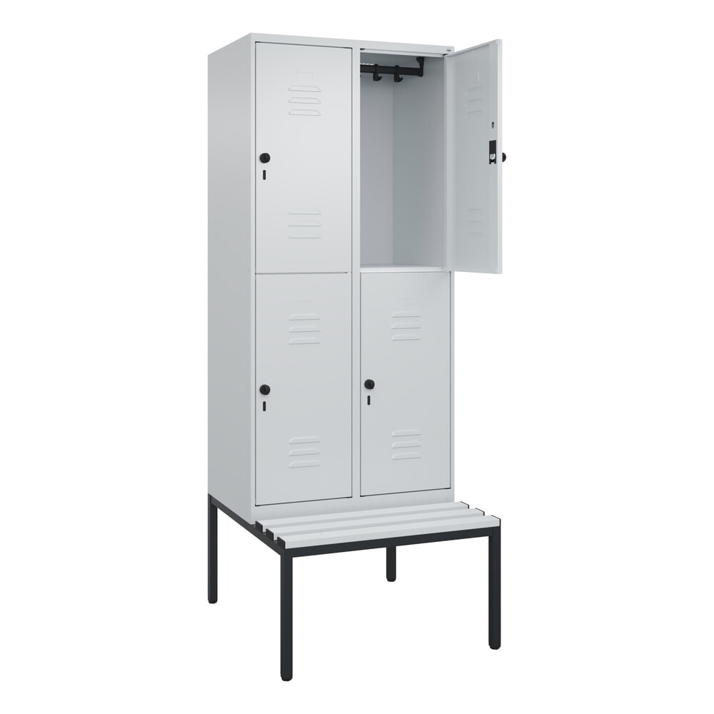 C+P Doppelstock-Spind Classic PLUS, 2 Abteile, HxBxT 2.120 x 800 x 815 mm, für Vorhängeschloss, untergebaute Bank aus Kunststoff, lichtgrau, lichtgrau