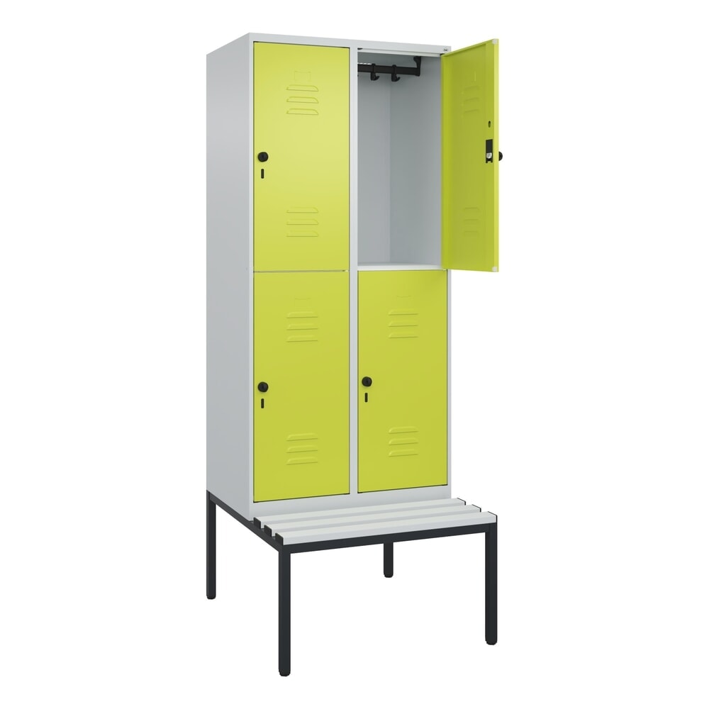 C+P Doppelstock-Spind Classic PLUS, 2 Abteile, HxBxT 2.120 x 800 x 815 mm, für Vorhängeschloss, untergebaute Bank aus Kunststoff, lichtgrau, clowngrün