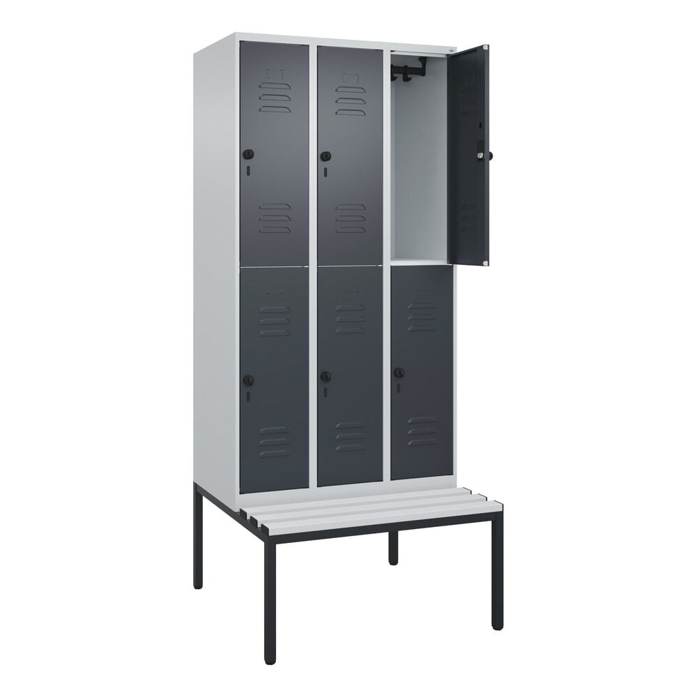 C+P Doppelstock-Spind Classic PLUS, 3 Abteile, HxBxT 2.120 x 900 x 815 mm, für Vorhängeschloss, untergebaute Bank aus Kunststoff, lichtgrau, anthrazitgrau