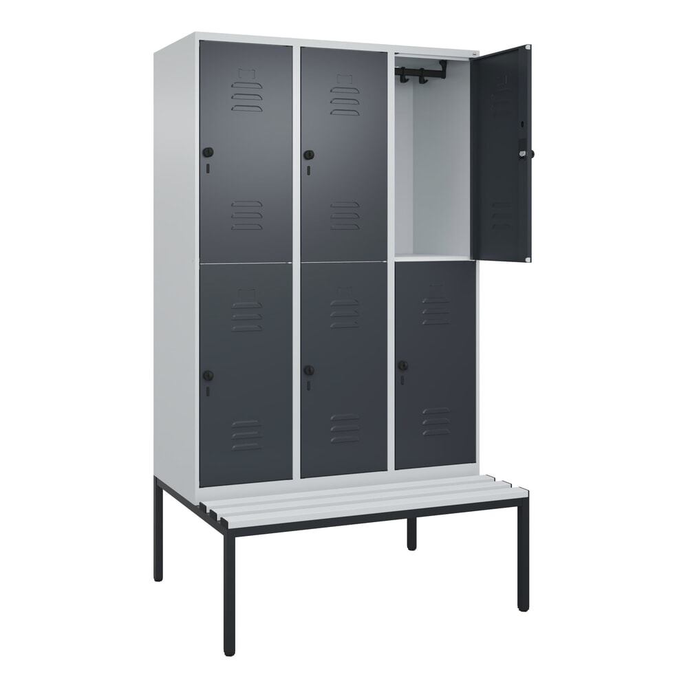 C+P Doppelstock-Spind Classic PLUS, 3 Abteile, HxBxT 2.120 x 1.200 x 815 mm, für Vorhängeschloss, untergebaute Bank aus Kunststoff, lichtgrau, anthrazitgrau