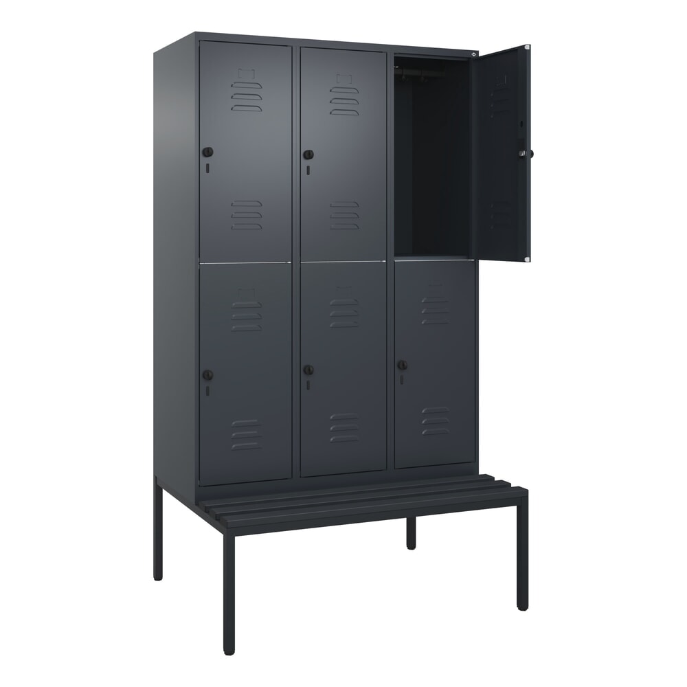 C+P Doppelstock-Spind Classic PLUS, 3 Abteile, HxBxT 2.120 x 1.200 x 815 mm, für Vorhängeschloss, untergebaute Bank aus Kunststoff, anthrazitgrau, anthrazitgrau