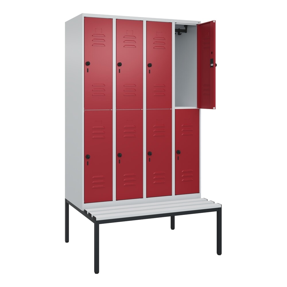 C+P Doppelstock-Spind Classic PLUS, 4 Abteile, HxBxT 2.120 x 1.200 x 815 mm, für Vorhängeschloss, untergebaute Bank aus Kunststoff, lichtgrau, rubinrot