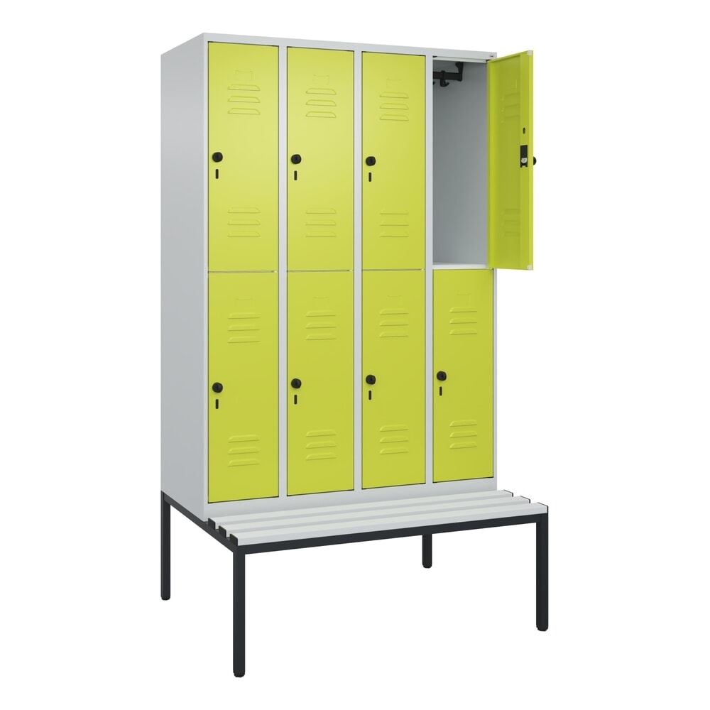 C+P Doppelstock-Spind Classic PLUS, 4 Abteile, HxBxT 2.120 x 1.200 x 815 mm, für Vorhängeschloss, untergebaute Bank aus Kunststoff, lichtgrau, clowngrün