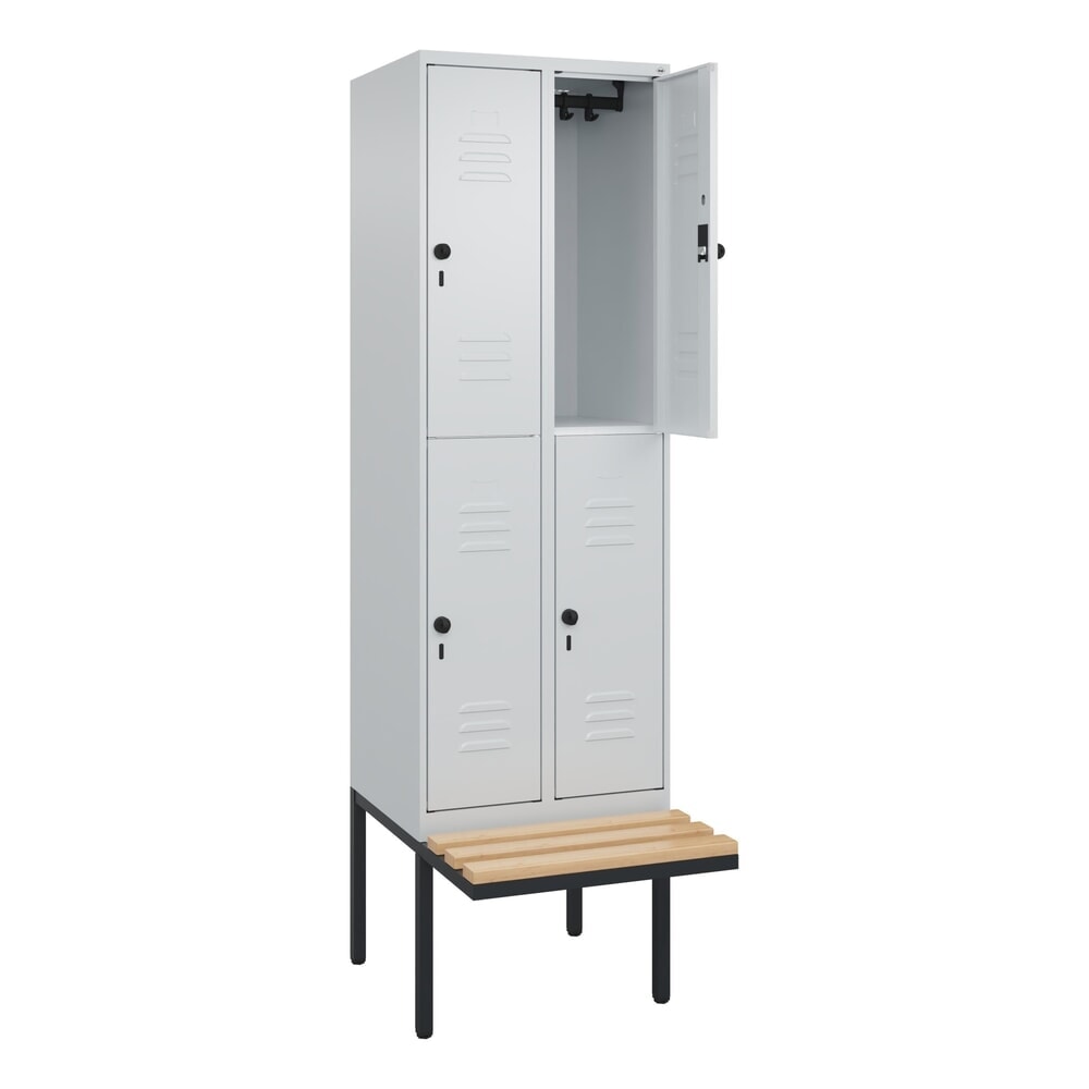C+P Doppelstock-Spind Classic PLUS, 2 Abteile, HxBxT 2.120 x 600 x 815 mm, für Vorhängeschloss, auskragende Bank aus Buche, lichtgrau, lichtgrau