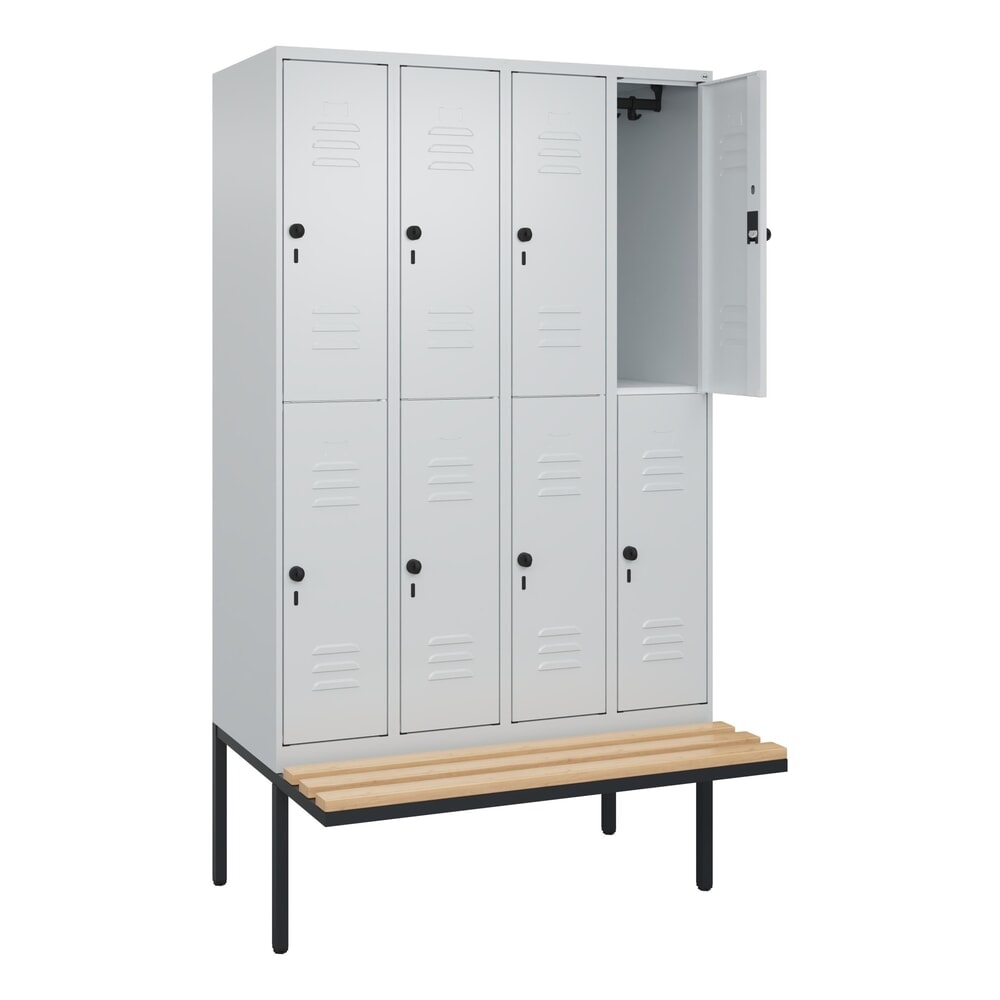 C+P Doppelstock-Spind Classic PLUS, 4 Abteile, HxBxT 2.120 x 1.200 x 815 mm, für Vorhängeschloss, auskragende Bank aus Buche, lichtgrau, lichtgrau
