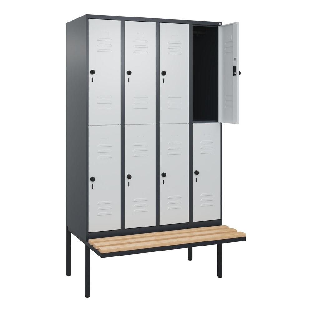 C+P Doppelstock-Spind Classic PLUS, 4 Abteile, HxBxT 2.120 x 1.200 x 815 mm, für Vorhängeschloss, auskragende Bank aus Buche, anthrazitgrau, lichtgrau