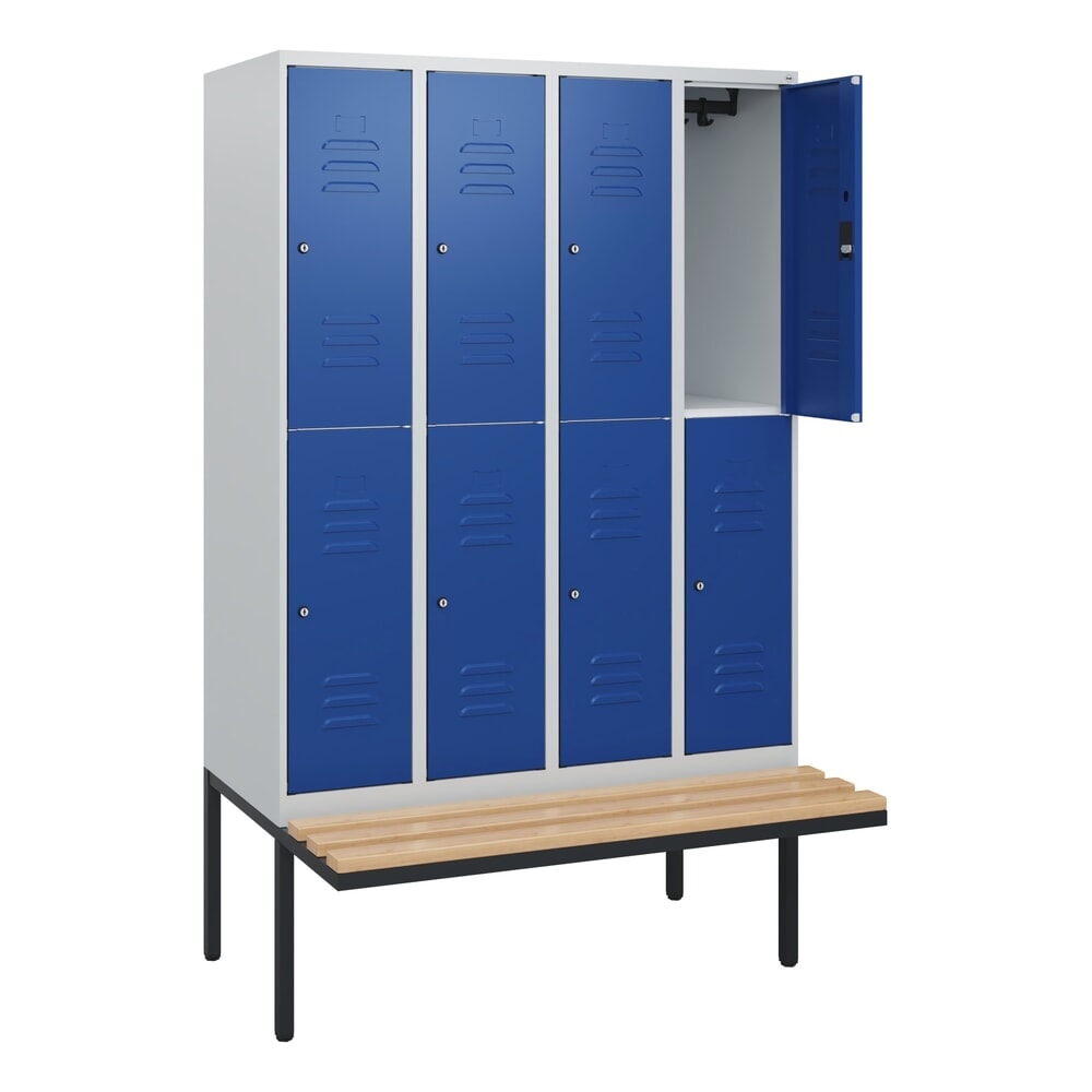 C+P Doppelstock-Spind Classic PLUS, 4 Abteile, HxBxT 1.950 x 1.200 x 815 mm, Zylinderschloss, auskragende Bank aus Buche, lichtgrau, enzianblau