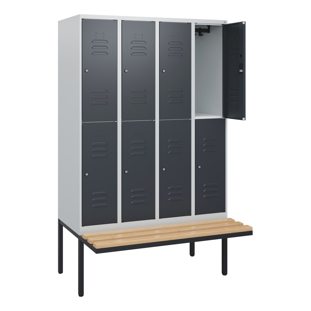C+P Doppelstock-Spind Classic PLUS, 4 Abteile, HxBxT 1.950 x 1.200 x 815 mm, Zylinderschloss, auskragende Bank aus Buche, lichtgrau, anthrazitgrau