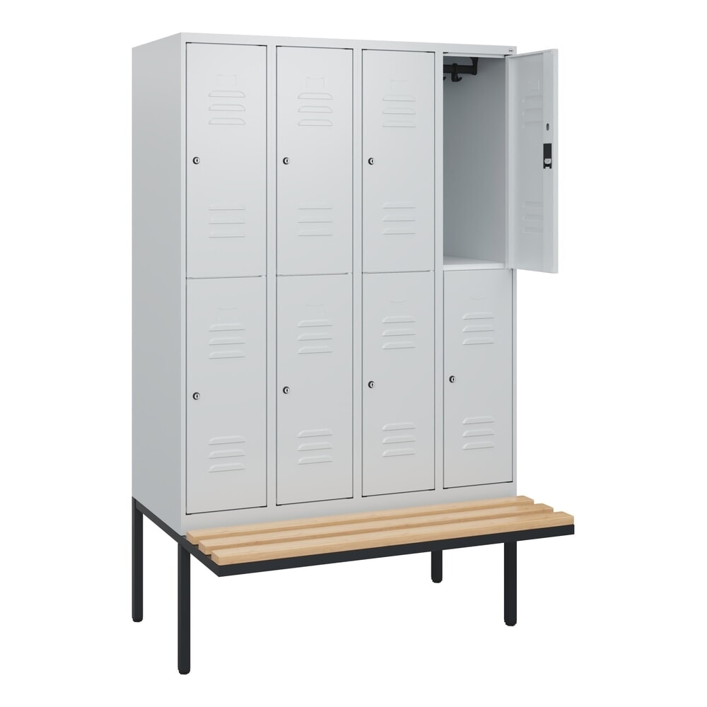C+P Doppelstock-Spind Classic PLUS, 4 Abteile, HxBxT 1.950 x 1.200 x 815 mm, Zylinderschloss, auskragende Bank aus Buche, lichtgrau, lichtgrau