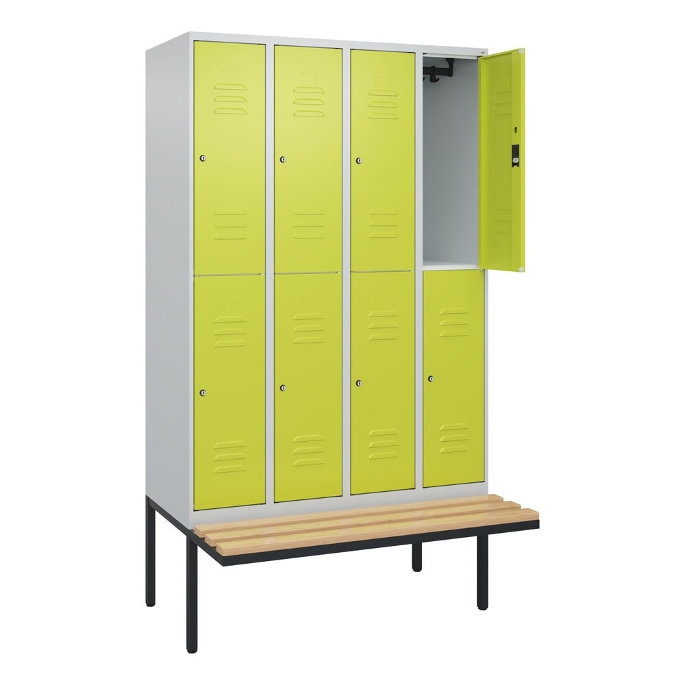 C+P Doppelstock-Spind Classic PLUS, 4 Abteile, HxBxT 2.120 x 1.200 x 815 mm, Zylinderschloss, auskragende Bank aus Buche, lichtgrau, clowngrün