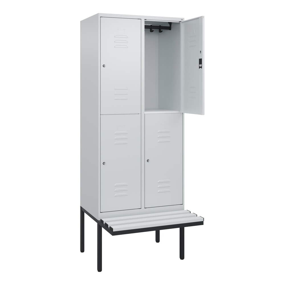 C+P Doppelstock-Spind Classic PLUS, 2 Abteile, HxBxT 2.120 x 800 x 815 mm, Zylinderschloss, auskragende Bank aus Kunststoff, lichtgrau, lichtgrau