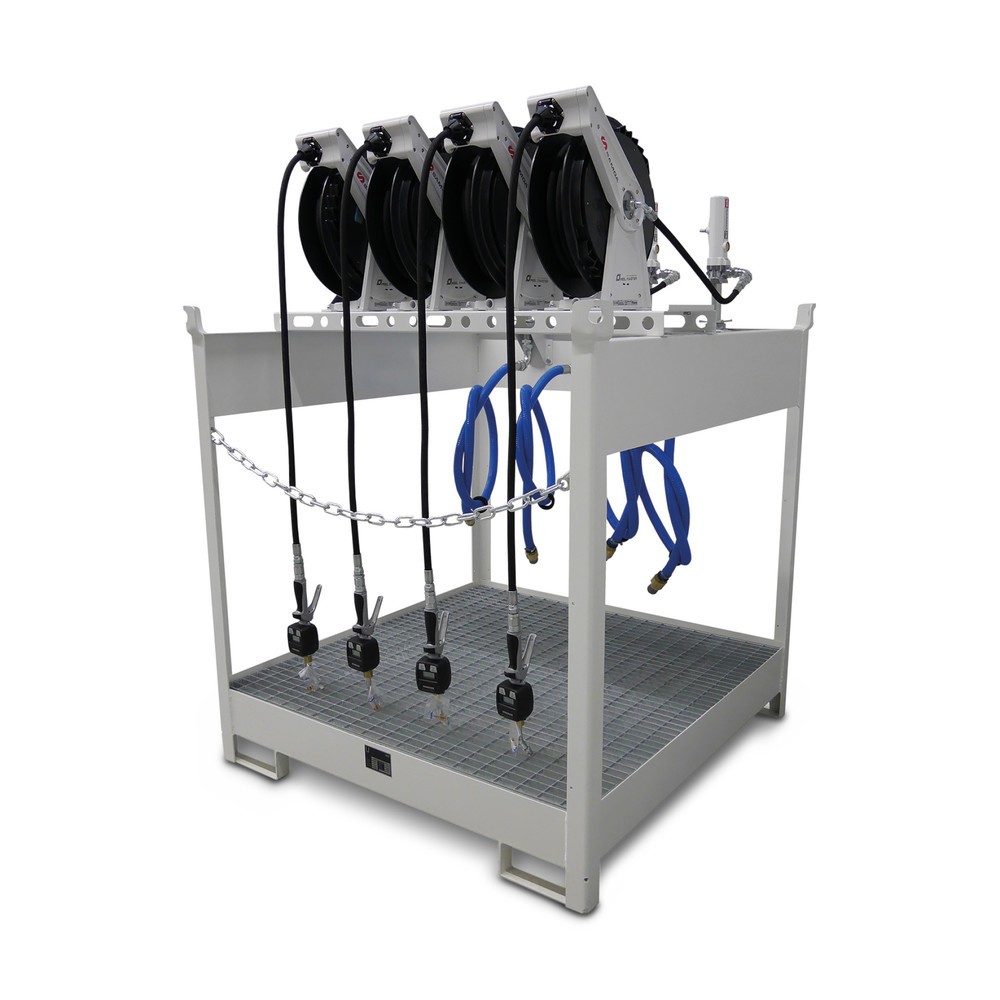 Frischöl-Insel SAMOA 44 DP, für 4 Fässer à 60 l oder 4 Fässer à 200 l, inkl. Auffangwanne, 4 Pneumatikpumpen, 4 offenen Schlauchaufrollern und 4 Füllpistolen mit Elektronikzähler