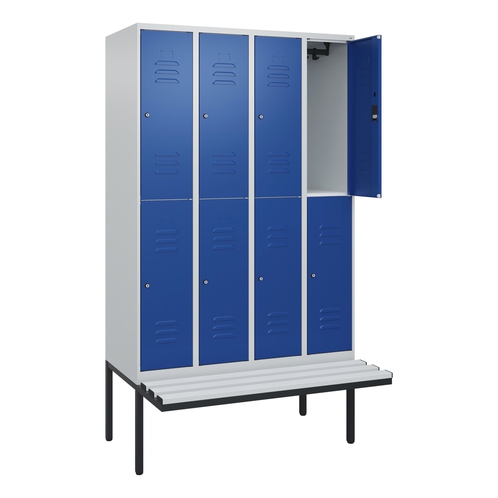 C+P Doppelstock-Spind Classic PLUS, 4 Abteile, HxBxT 2.120 x 1.200 x 815 mm, Zylinderschloss, auskragende Bank aus Kunststoff, lichtgrau, enzianblau