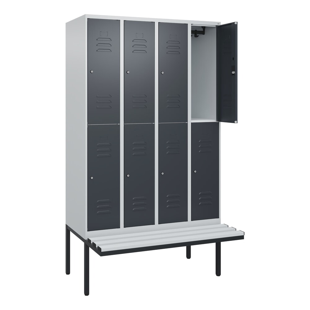 C+P Doppelstock-Spind Classic PLUS, 4 Abteile, HxBxT 2.120 x 1.200 x 815 mm, Zylinderschloss, auskragende Bank aus Kunststoff, lichtgrau, anthrazitgrau