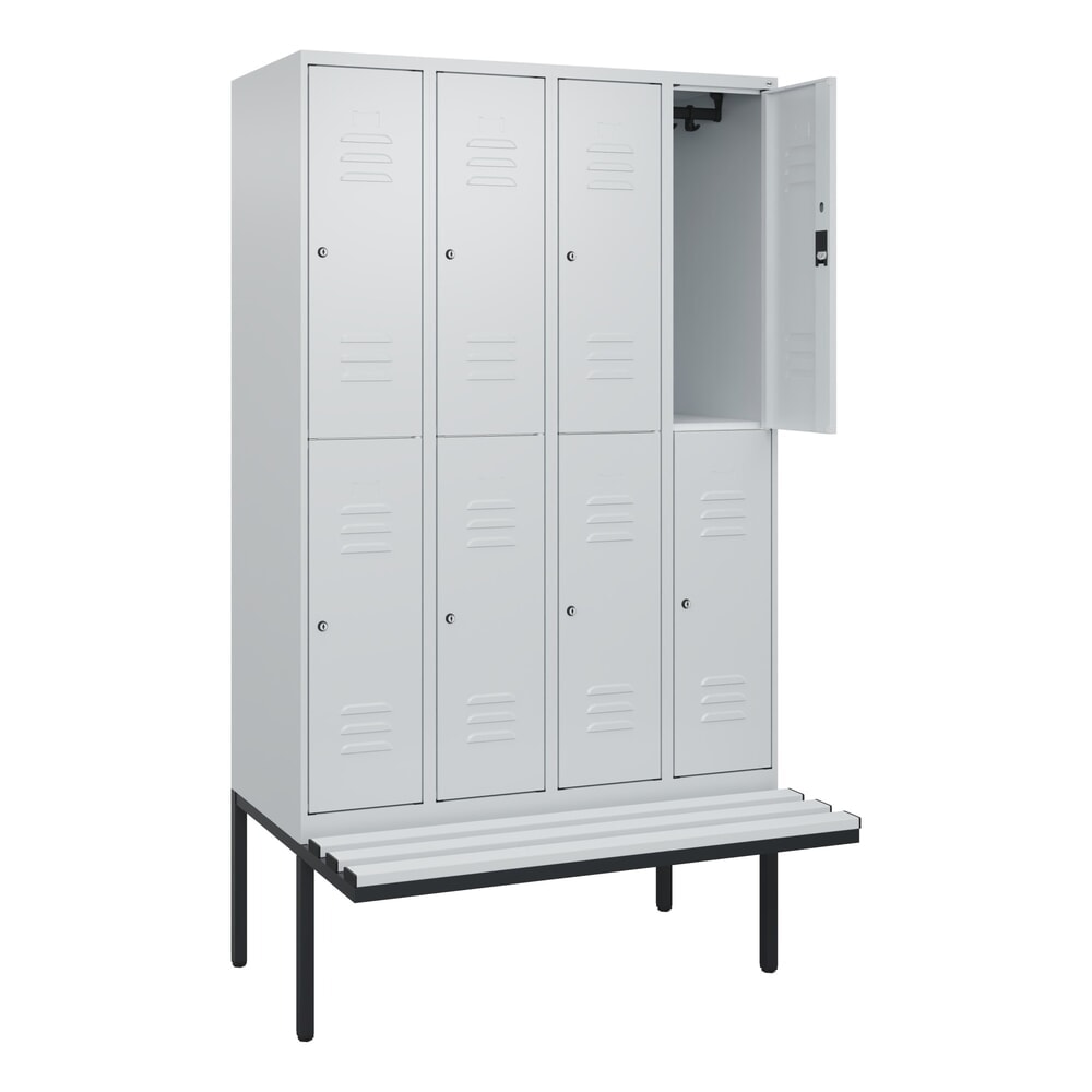 C+P Doppelstock-Spind Classic PLUS, 4 Abteile, HxBxT 2.120 x 1.200 x 815 mm, Zylinderschloss, auskragende Bank aus Kunststoff, lichtgrau, lichtgrau