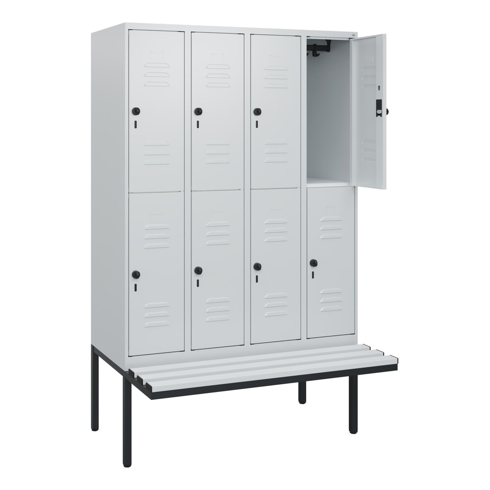 C+P Doppelstock-Spind Classic PLUS, 4 Abteile, HxBxT 1.950 x 1.200 x 815 mm, für Vorhängeschloss, auskragende Bank aus Kunststoff, lichtgrau, lichtgrau