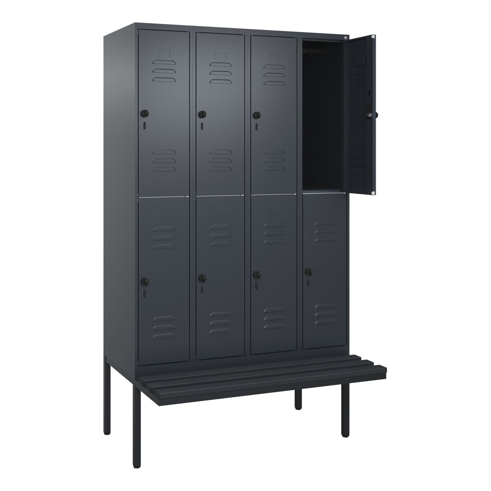 C+P Doppelstock-Spind Classic PLUS, 4 Abteile, HxBxT 2.120 x 1.200 x 815 mm, für Vorhängeschloss, auskragende Bank aus Kunststoff, anthrazitgrau, anthrazitgrau