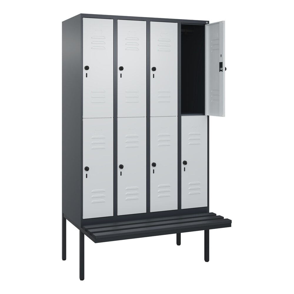 C+P Doppelstock-Spind Classic PLUS, 4 Abteile, HxBxT 2.120 x 1.200 x 815 mm, für Vorhängeschloss, auskragende Bank aus Kunststoff, anthrazitgrau, lichtgrau