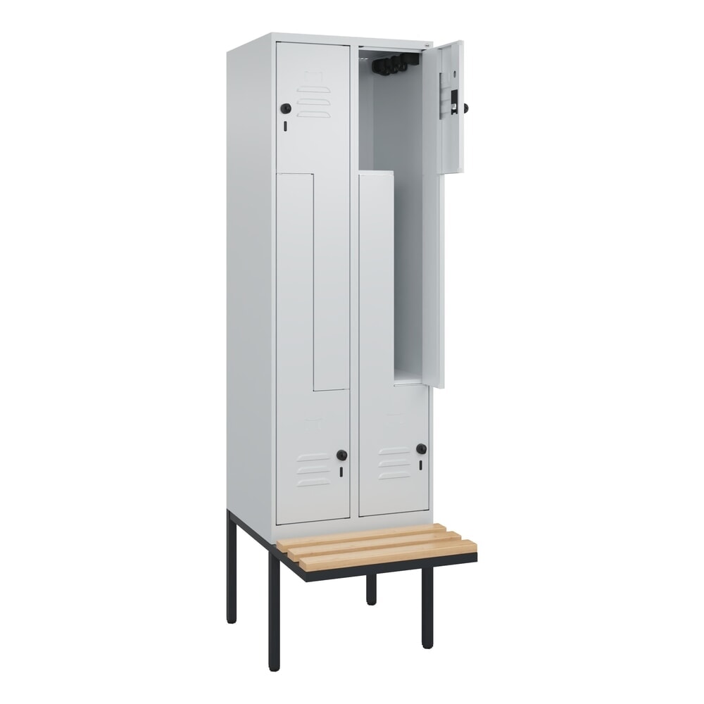 C+P Z-Spind Classic PLUS, 4 Abteile, HxBxT 2.120 x 600 x 815 mm, für Vorhängeschloss, auskragende Bank aus Buche, lichtgrau, lichtgrau
