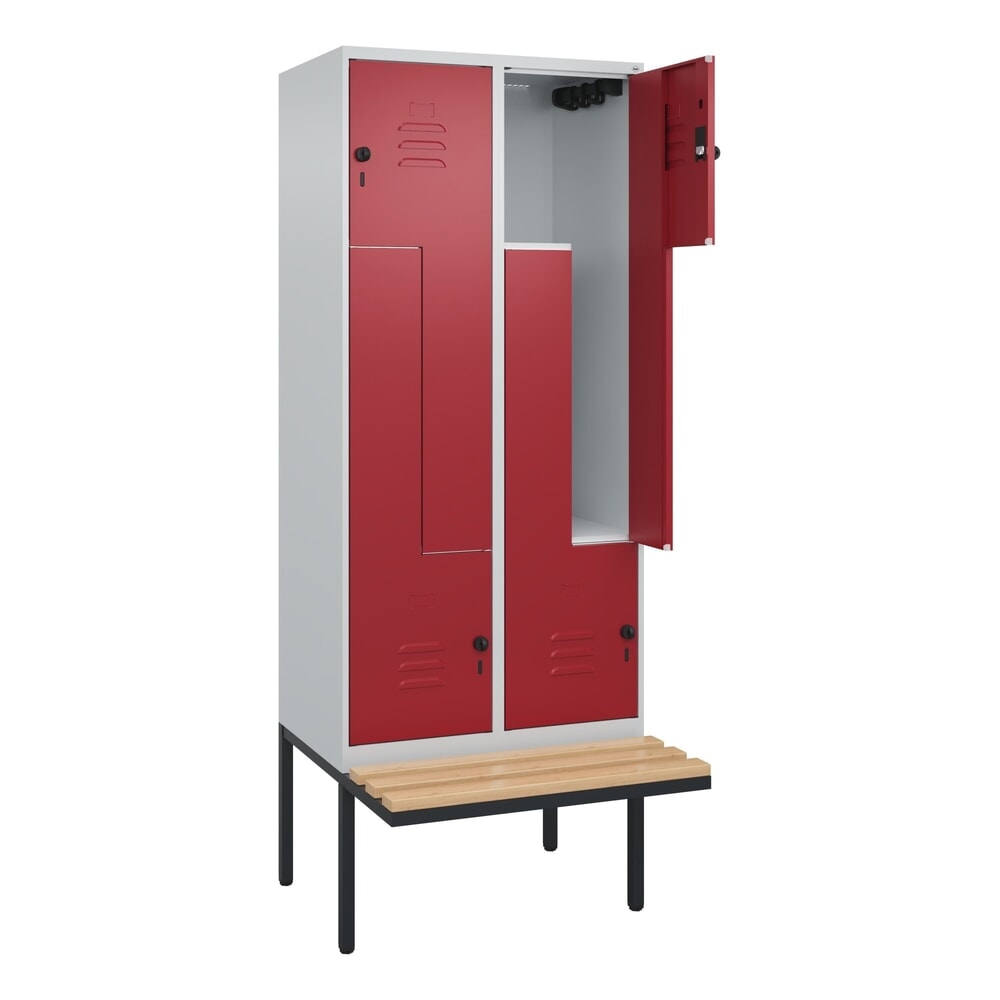 C+P Z-Spind Classic PLUS, 4 Abteile, HxBxT 2.120 x 800 x 815 mm, für Vorhängeschloss, auskragende Bank aus Buche, lichtgrau, rubinrot