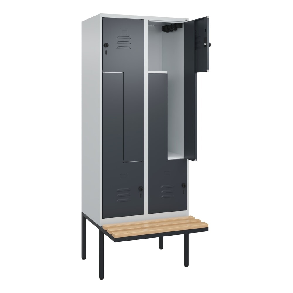 C+P Z-Spind Classic PLUS, 4 Abteile, HxBxT 2.120 x 800 x 815 mm, für Vorhängeschloss, auskragende Bank aus Buche, lichtgrau, anthrazitgrau