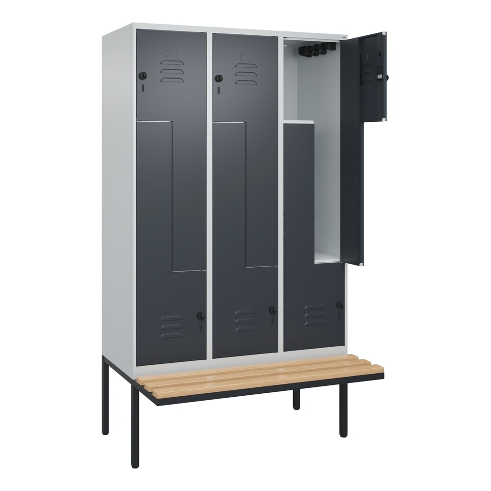 C+P Z-Spind Classic PLUS, 6 Abteile, HxBxT 2.120 x 1.200 x 815 mm, für Vorhängeschloss, auskragende Bank aus Buche, lichtgrau, anthrazitgrau