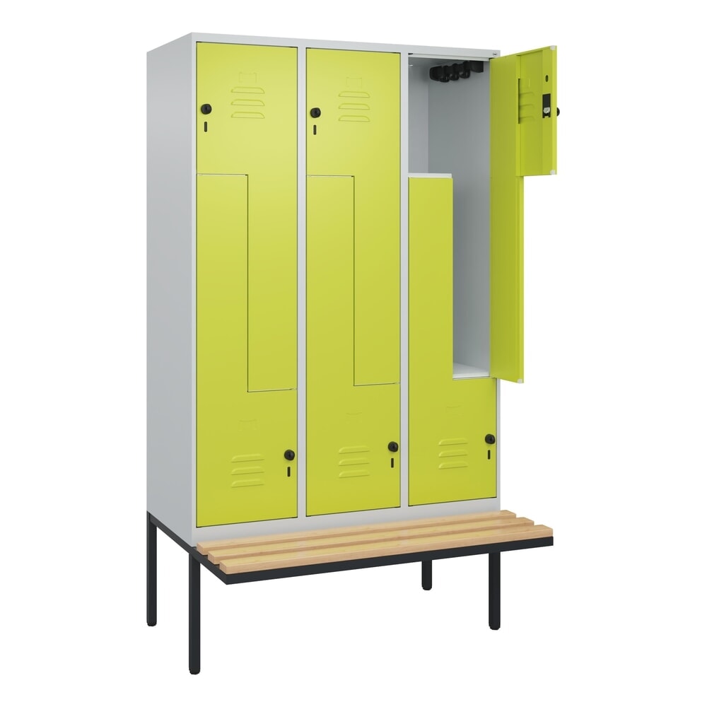 C+P Z-Spind Classic PLUS, 6 Abteile, HxBxT 2.120 x 1.200 x 815 mm, für Vorhängeschloss, auskragende Bank aus Buche, lichtgrau, clowngrün