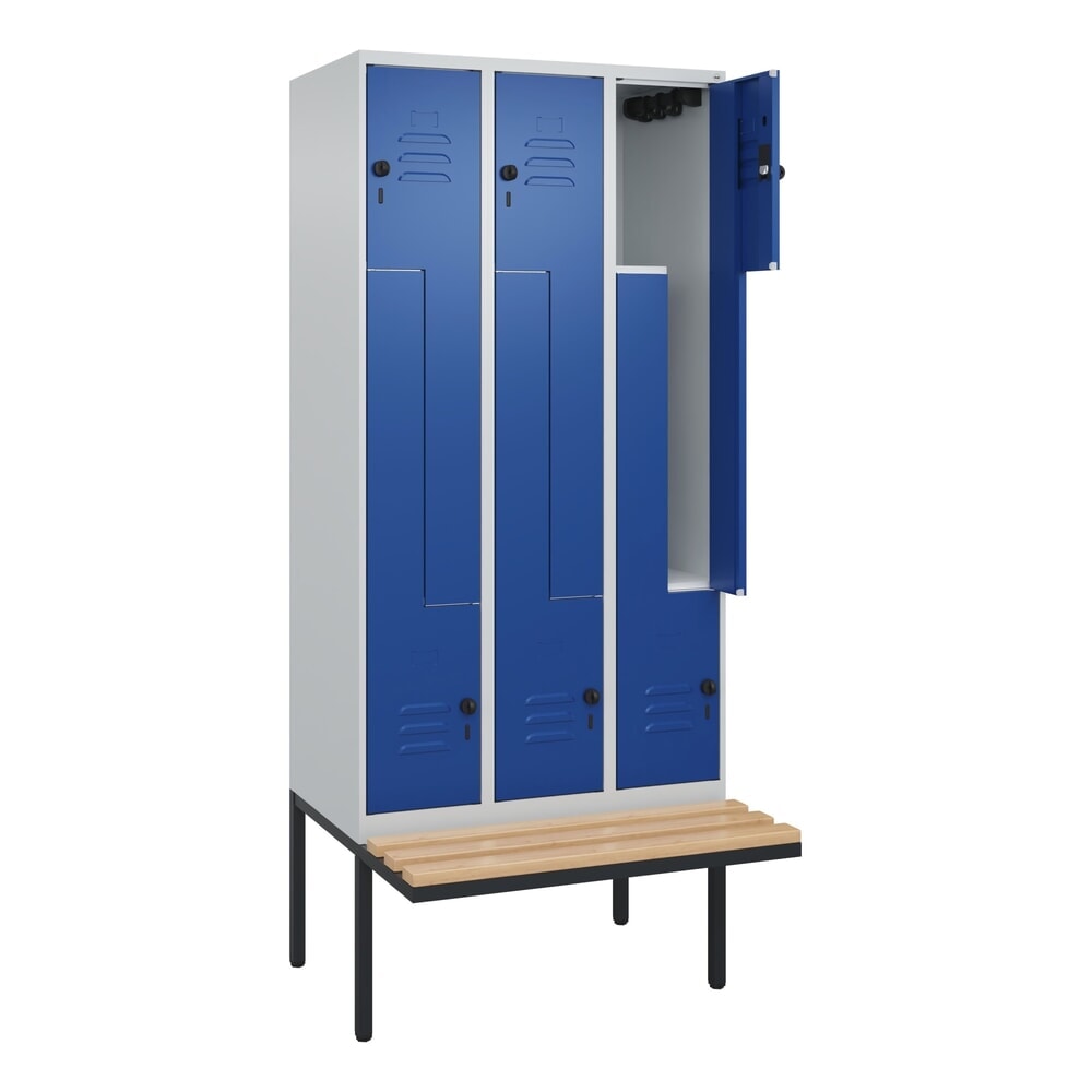 C+P Z-Spind Classic PLUS, 6 Abteile, HxBxT 2.120 x 900 x 815 mm, für Vorhängeschloss, auskragende Bank aus Buche, lichtgrau, enzianblau