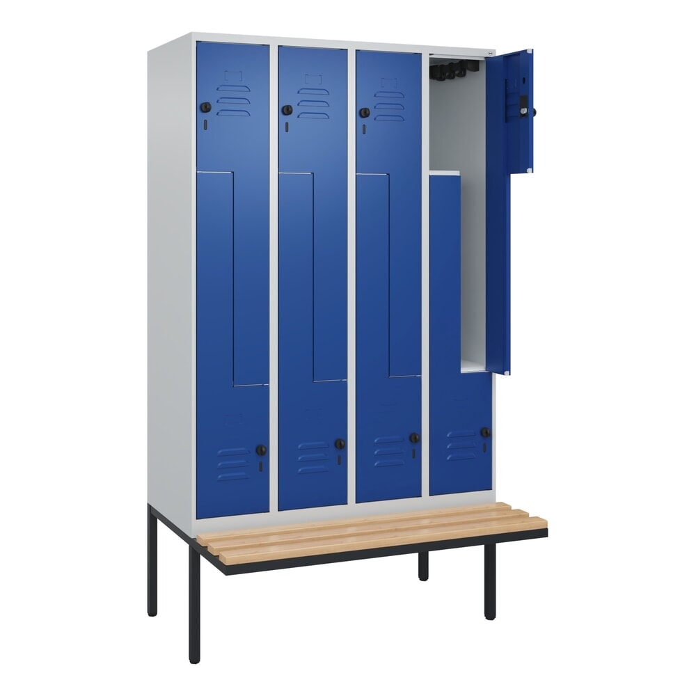 C+P Z-Spind Classic PLUS, 8 Abteile, HxBxT 2.120 x 1.200 x 815 mm, für Vorhängeschloss, auskragende Bank aus Buche, lichtgrau, enzianblau