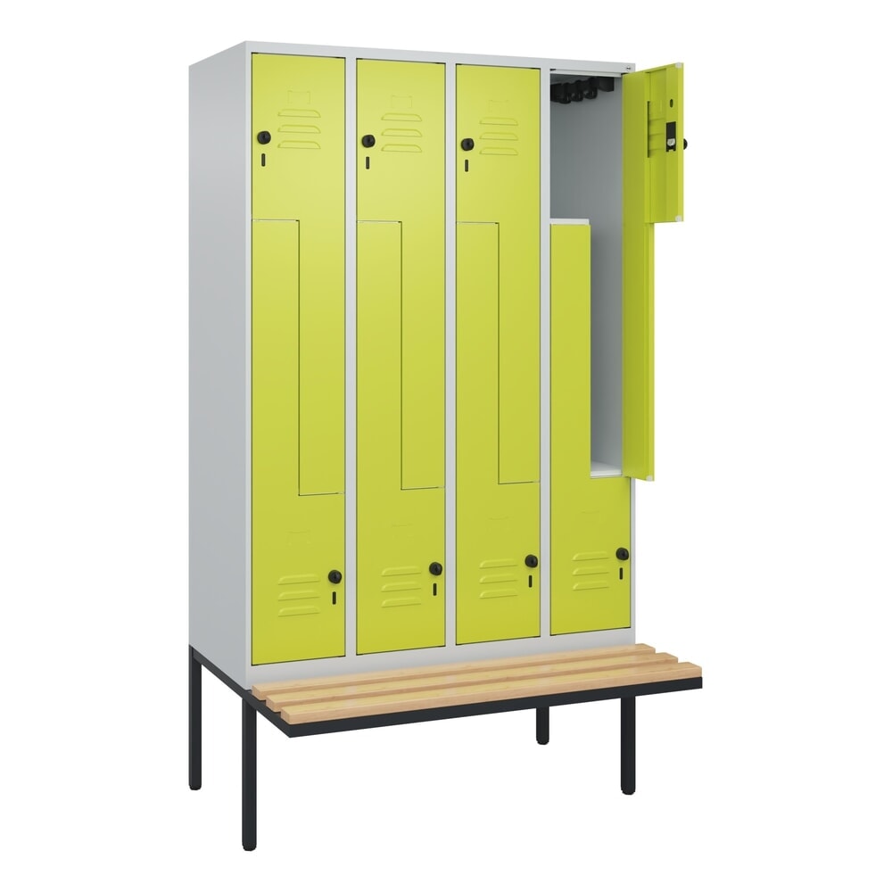 C+P Z-Spind Classic PLUS, 8 Abteile, HxBxT 2.120 x 1.200 x 815 mm, für Vorhängeschloss, auskragende Bank aus Buche, lichtgrau, clowngrün