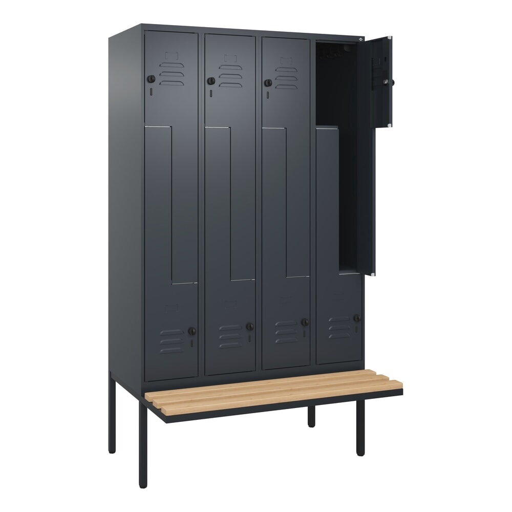 C+P Z-Spind Classic PLUS, 8 Abteile, HxBxT 2.120 x 1.200 x 815 mm, für Vorhängeschloss, auskragende Bank aus Buche, anthrazitgrau, anthrazitgrau