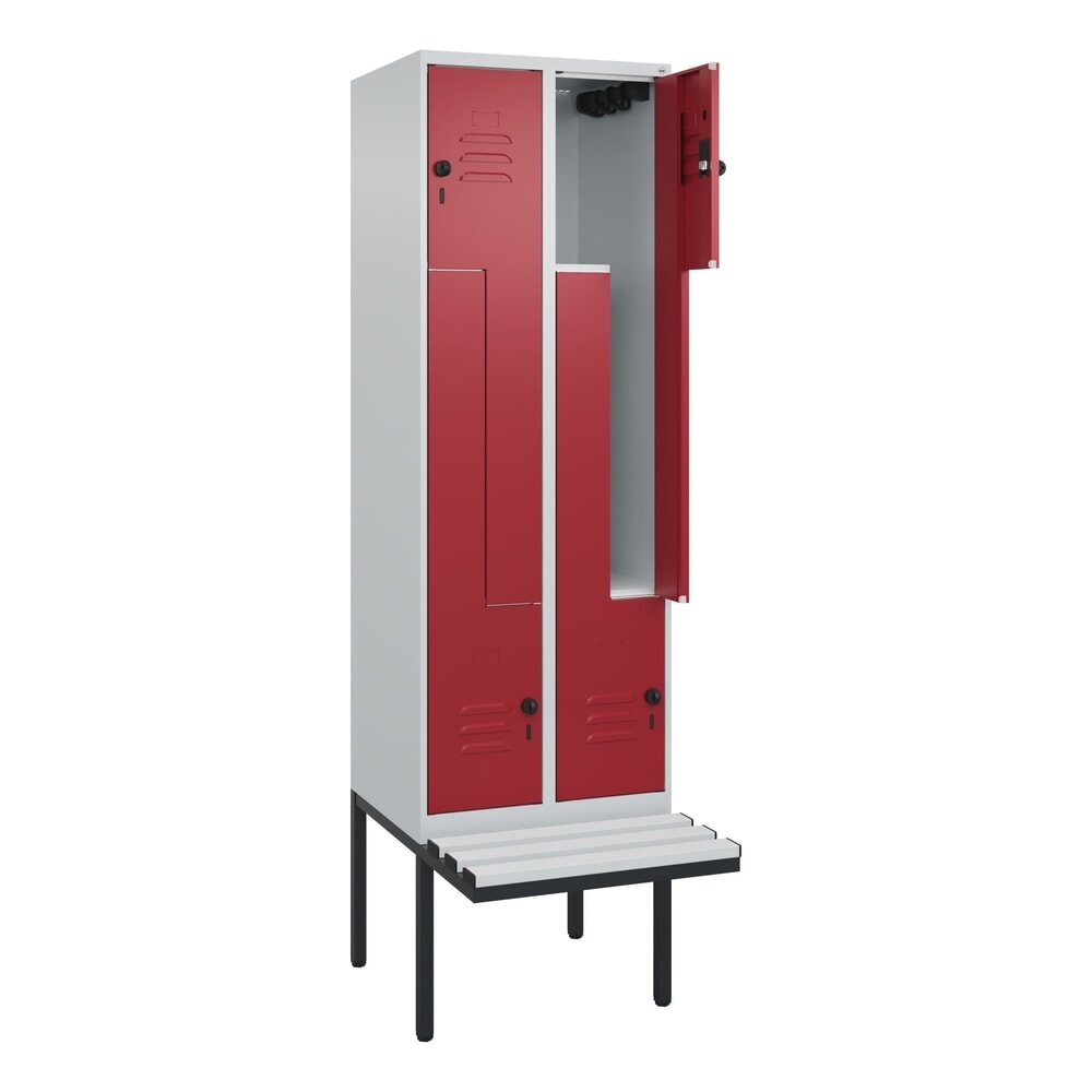 C+P Z-Spind Classic PLUS, 4 Abteile, HxBxT 2.120 x 600 x 815 mm, für Vorhängeschloss, auskragende Bank aus Kunststoff, lichtgrau, rubinrot