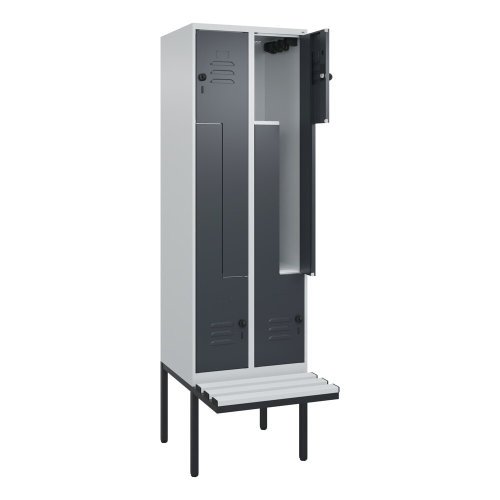C+P Z-Spind Classic PLUS, 4 Abteile, HxBxT 2.120 x 600 x 815 mm, für Vorhängeschloss, auskragende Bank aus Kunststoff, lichtgrau, anthrazitgrau