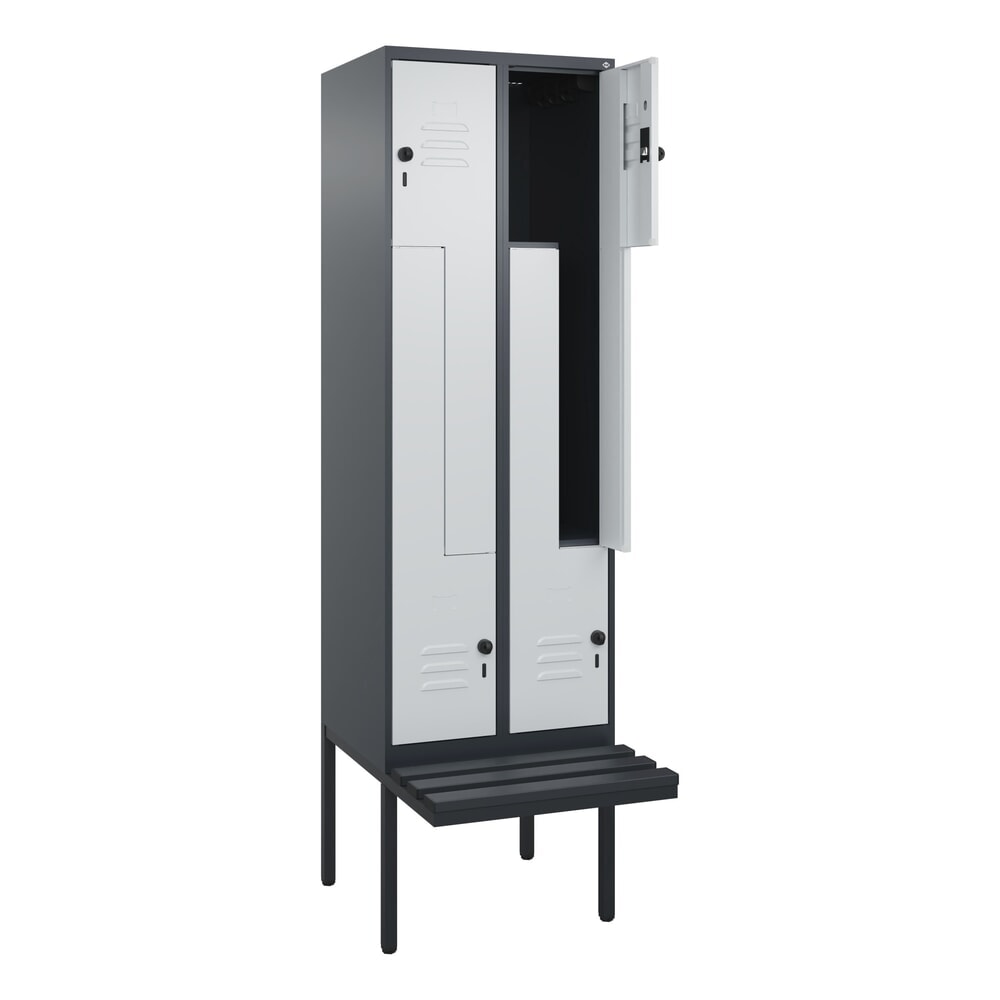 C+P Z-Spind Classic PLUS, 4 Abteile, HxBxT 2.120 x 600 x 815 mm, für Vorhängeschloss, auskragende Bank aus Kunststoff, anthrazitgrau, lichtgrau